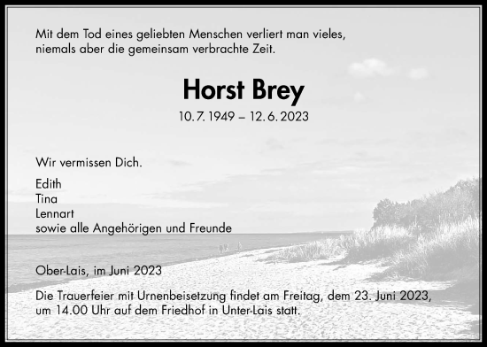 Traueranzeige von Horst Brey von Kreis-Anzeiger