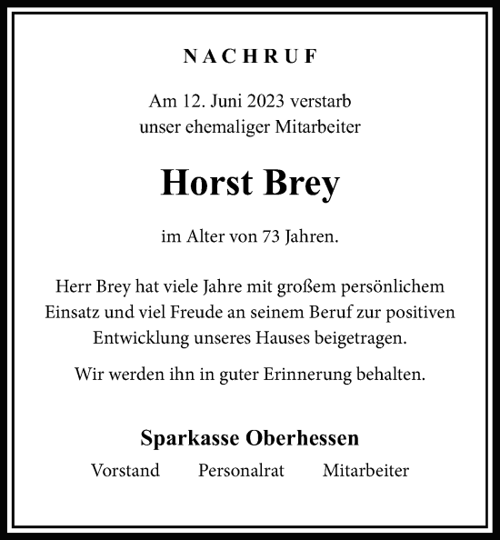 Traueranzeige von Horst Brey von Kreis-Anzeiger