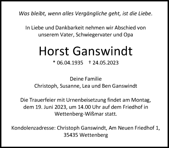 Traueranzeige von Horst Ganswindt von Giessener Allgemeine, Alsfelder Allgemeine