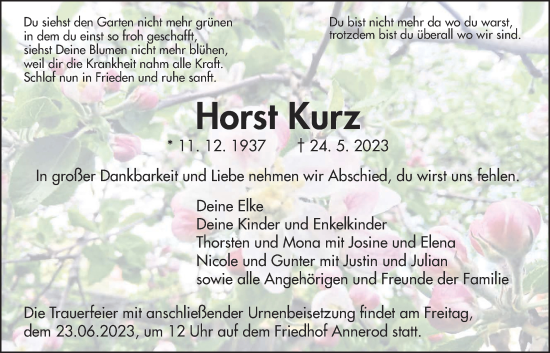 Traueranzeige von Horst Kurz von Giessener Allgemeine, Giessener Anzeiger, Alsfelder Allgemeine
