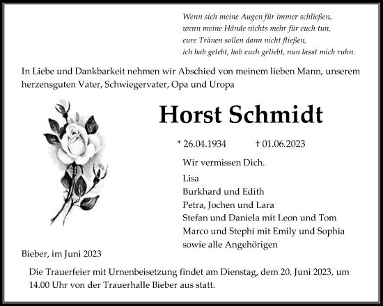 Traueranzeige von Horst Schmidt von Giessener Allgemeine, Alsfelder Allgemeine
