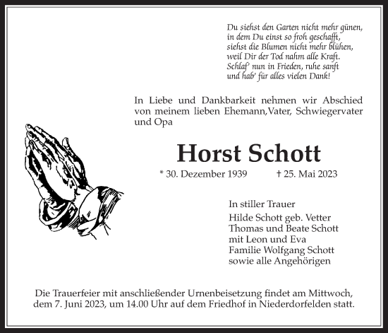 Traueranzeige von Horst Schott von Bad Vilbel/Karben