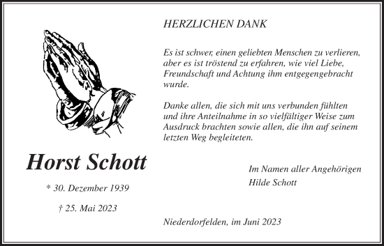 Traueranzeige von Horst Schott von Bad Vilbel/Karben