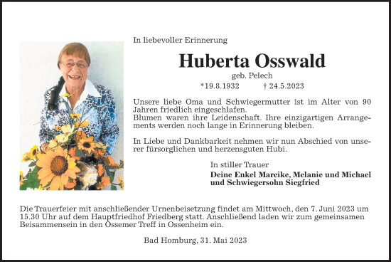 Traueranzeige von Huberta Osswald von Wetterauer Zeitung, Alsfelder Allgemeine