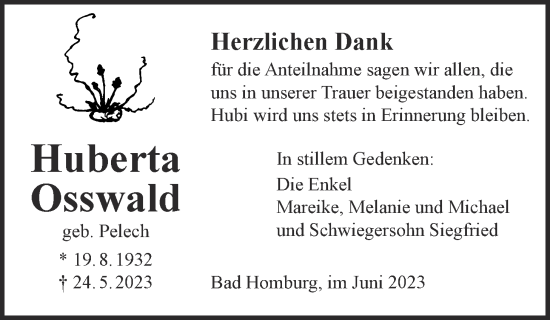 Traueranzeige von Huberta Osswald von Wetterauer Zeitung