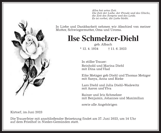 Traueranzeige von Ilse Schmelzer-Diehl von Alsfelder Allgemeine