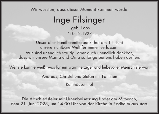 Traueranzeige von Inge Filsinger von Kreis-Anzeiger