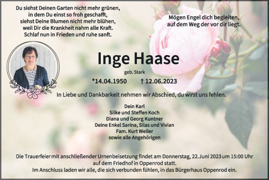Traueranzeige von Inge Haase von Giessener Allgemeine, Alsfelder Allgemeine, Giessener Anzeiger