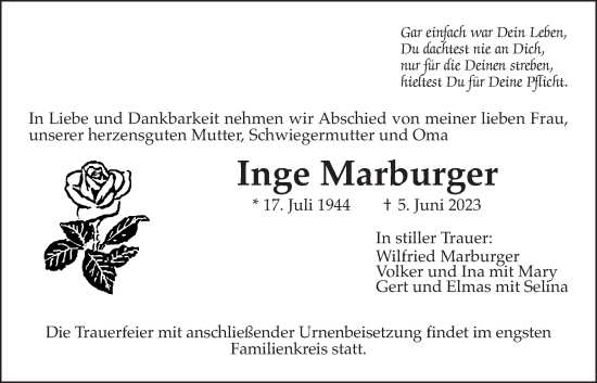 Traueranzeige von Inge Marburger von Bad Vilbel/Karben