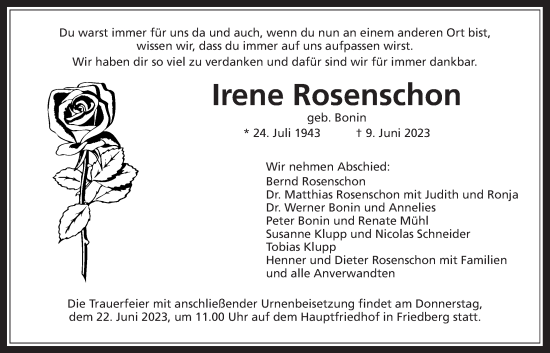 Traueranzeige von Irene Rosenschon von Wetterauer Zeitung
