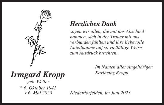 Traueranzeige von Irmgard Kropp von Bad Vilbel/Karben