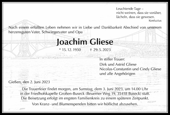 Traueranzeige von Joachim Gliese von Giessener Allgemeine, Alsfelder Allgemeine