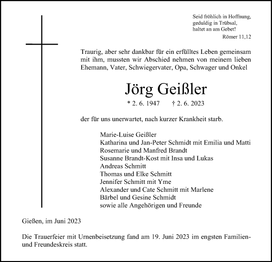 Traueranzeige von Jörg Geißler von Giessener Allgemeine, Alsfelder Allgemeine, Giessener Anzeiger