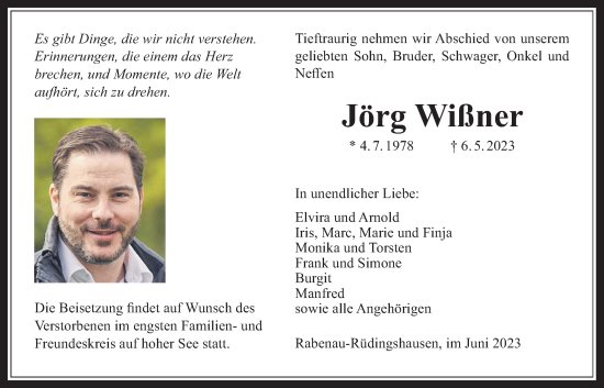 Traueranzeige von Jörg Wißner von Giessener Allgemeine, Alsfelder Allgemeine, Giessener Anzeiger