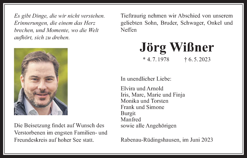  Traueranzeige für Jörg Wißner vom 03.06.2023 aus Giessener Allgemeine, Alsfelder Allgemeine, Giessener Anzeiger