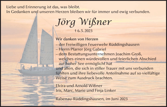 Traueranzeige von Jörg Wißner von Giessener Allgemeine, Alsfelder Allgemeine