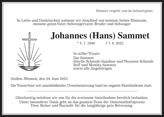 Traueranzeige von Johannes Sammet von Giessener Anzeiger
