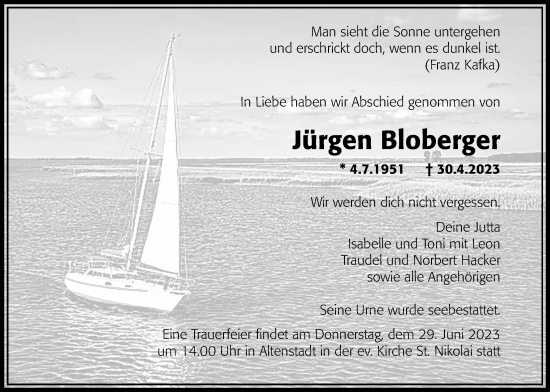 Traueranzeige von Jürgen Bloberger von Kreis-Anzeiger