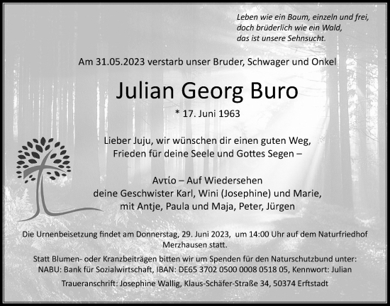 Traueranzeige von Julian Georg Buro von Usinger Anzeiger