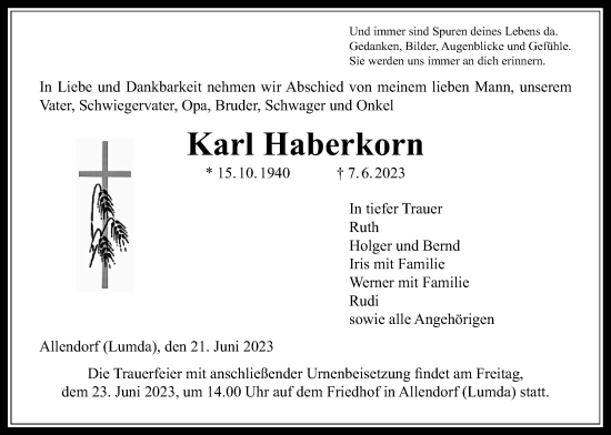 Traueranzeige von Karl Haberkorn von Giessener Anzeiger