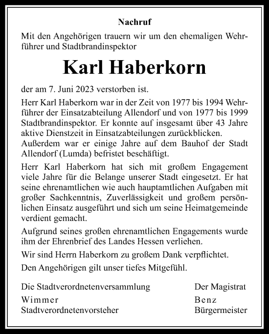 Traueranzeige von Karl Haberkorn von Allendorfer Mitteilungen