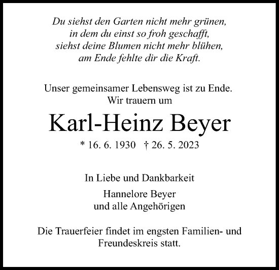 Traueranzeige von Karl-Heinz Beyer von Wetterauer Zeitung
