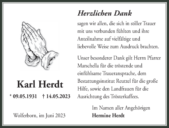 Traueranzeige von Karl Herdt von Kreis-Anzeiger