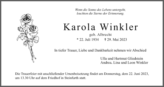 Traueranzeige von Karola Winkler von Wetterauer Zeitung