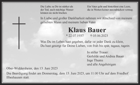 Traueranzeige von Klaus Bauer von Kreis-Anzeiger