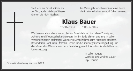 Traueranzeige von Klaus Bauer von Kreis-Anzeiger