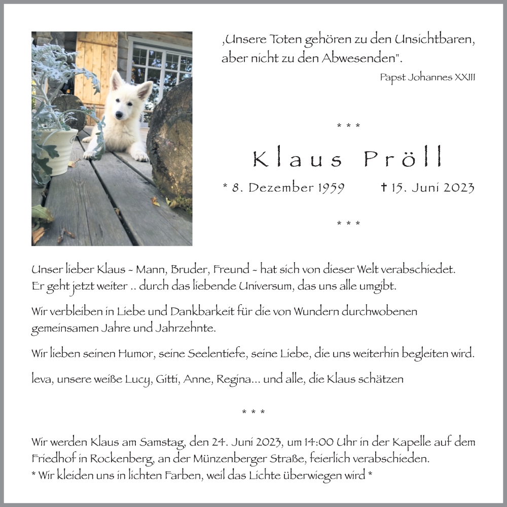  Traueranzeige für Klaus Pröll vom 21.06.2023 aus Wetterauer Zeitung
