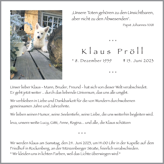 Traueranzeige von Klaus Pröll von Wetterauer Zeitung