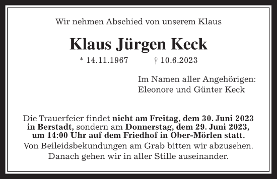 Traueranzeige von Klaus Jürgen Keck von Wetterauer Zeitung