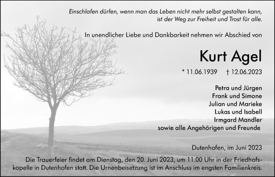 Traueranzeige von Kurt Agel von Giessener Allgemeine, Alsfelder Allgemeine