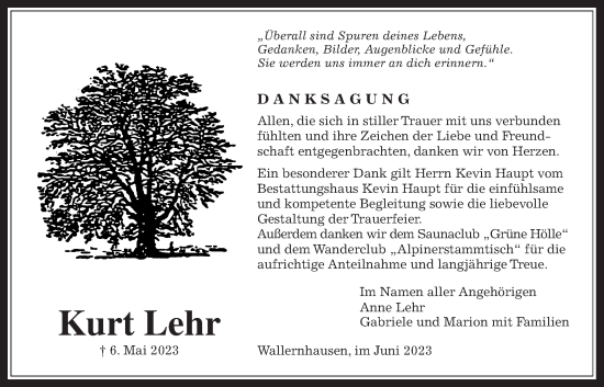 Traueranzeige von Kurt Lehr von Kreis-Anzeiger
