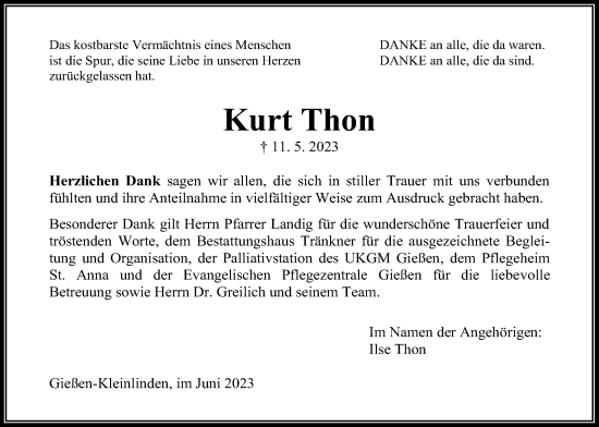 Traueranzeige von Kurt Thon von Giessener Allgemeine, Giessener Anzeiger, Alsfelder Allgemeine