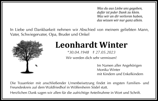 Traueranzeige von Leonhardt Winter von Wetterauer Zeitung