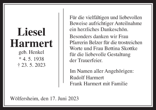 Traueranzeige von Liesel Harmert von Wetterauer Zeitung