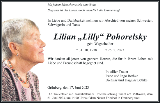 Traueranzeige von Lilian Pohorelsky von Giessener Allgemeine, Alsfelder Allgemeine