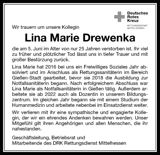 Traueranzeige von Lina Marie Drewenka von Giessener Anzeiger, Giessener Allgemeine, Alsfelder Allgemeine