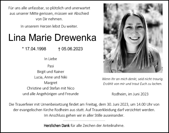 Traueranzeige von Lina Marie Drewenka von Giessener Anzeiger, Giessener Allgemeine, Alsfelder Allgemeine