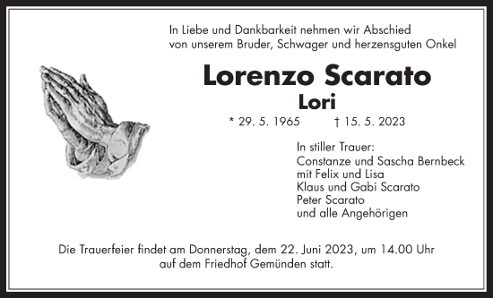 Traueranzeige von Lorenzo Scarato 