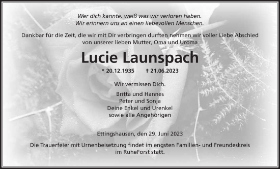 Traueranzeige von Lucie Launspach von Licher Wochenblatt