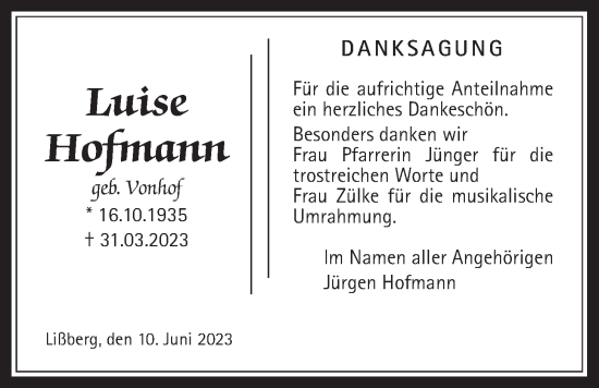 Traueranzeige von Luise Hofmann von Kreis-Anzeiger