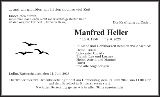 Traueranzeige von Manfred Heller von Giessener Anzeiger, Giessener Allgemeine, Alsfelder Allgemeine