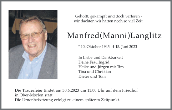 Traueranzeige von Manfred Langlitz von Wetterauer Zeitung
