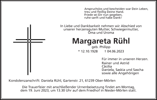 Traueranzeige von Margareta Rühl von Wetterauer Zeitung