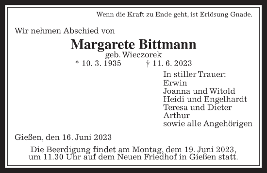 Traueranzeige von Margarete Bittmann von Giessener Allgemeine, Alsfelder Allgemeine