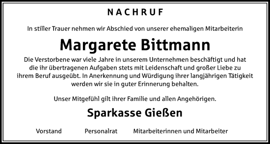 Traueranzeige von Margarete Bittmann von Giessener Allgemeine, Alsfelder Allgemeine, Giessener Anzeiger