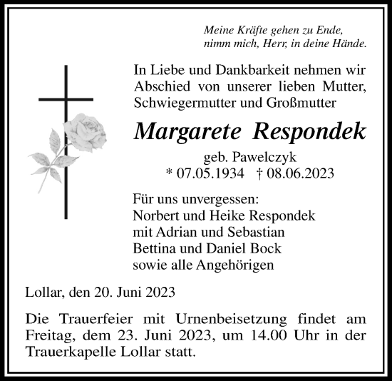 Traueranzeige von Margarete Respondek von Giessener Allgemeine, Alsfelder Allgemeine